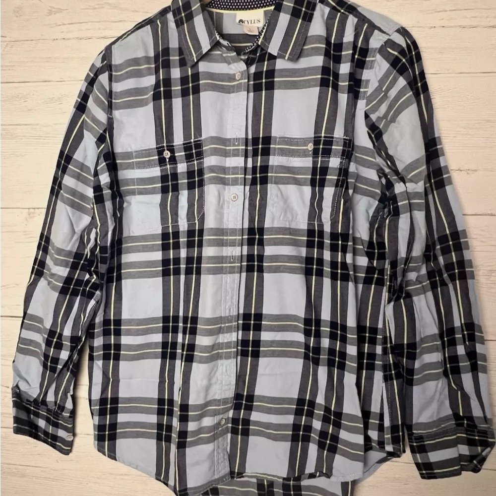STYLUS Men’s Plaid Shirt Button Up Blue Light Sz Medium Western Style Cotton EUC